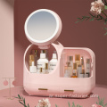 صندوق تخزين مستحضرات التجميل مع مرآة مضاءة بزاوية 360 درجة